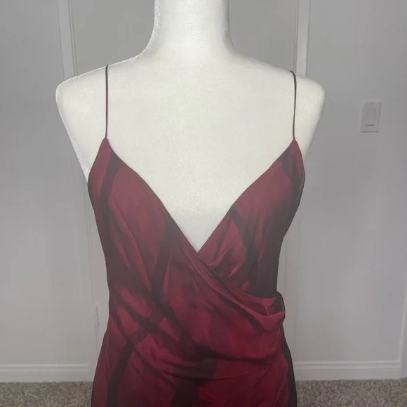 Elie Tahari 100% Silk Chiffon Red Black Spaghetti Strap Slit Front Maxi Dress 8 - Picture 3 of 10